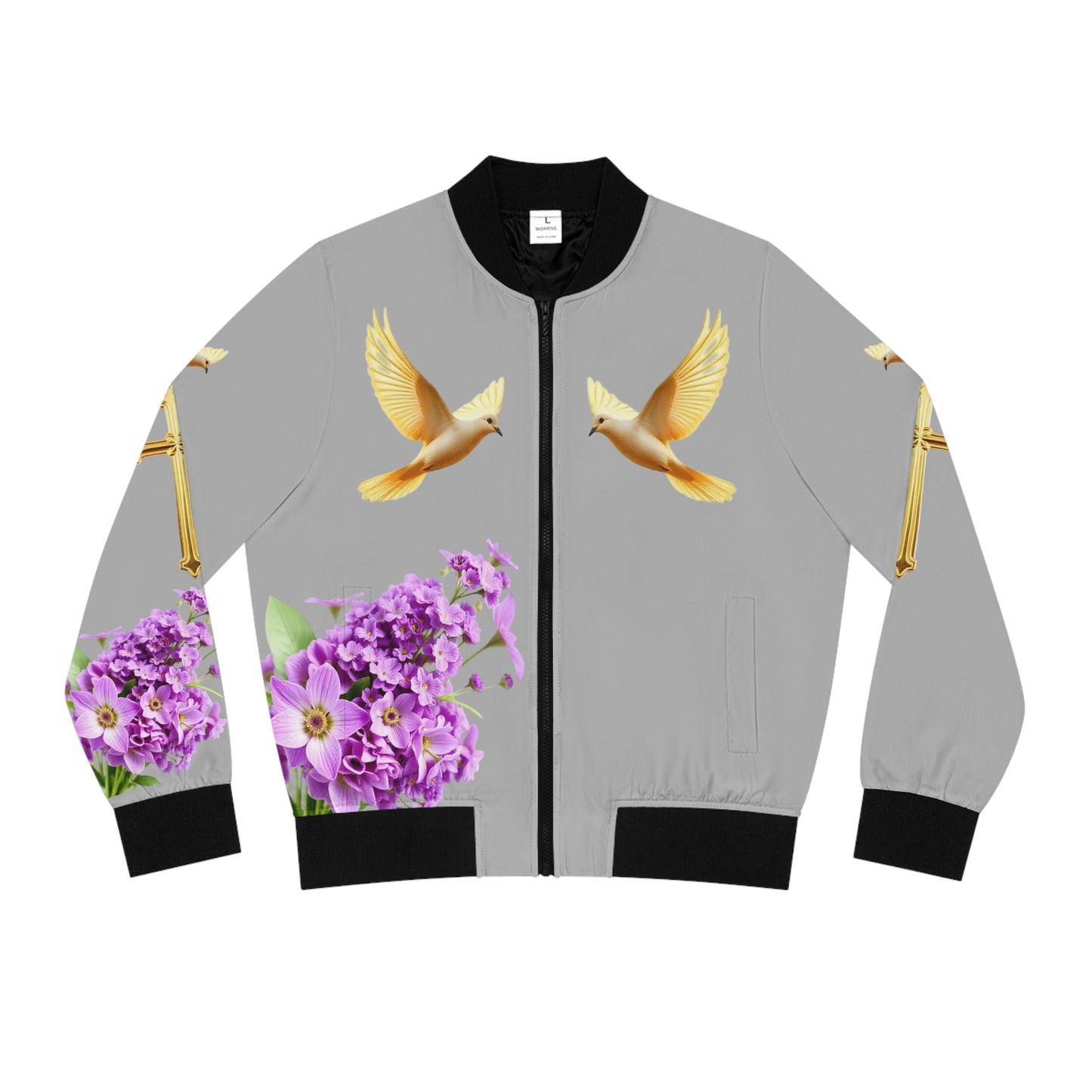 Heavenly Ascent – Gold Cross & Doves Women’s Bomber Jacket in Grey