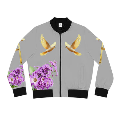 Heavenly Ascent – Gold Cross & Doves Women’s Bomber Jacket in Grey