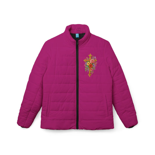 Blooming Faith Women’s Puffer Jacket in Fuchsia – Floral Cross Crest