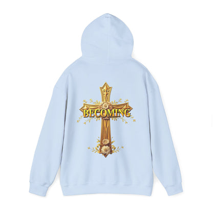 Becoming Women’s Faith Hoodie – Gold Cross Edition (1 Corinthians 15:49)