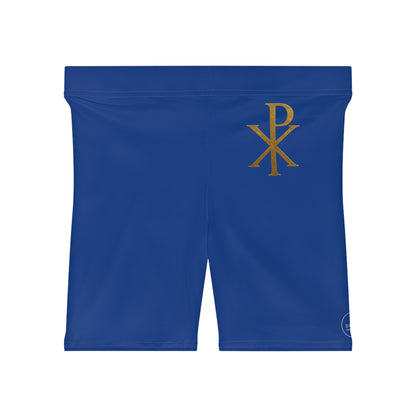Chi Rho Women’s Biking Christian Shorts in Blue – Strength and Victory in Christ