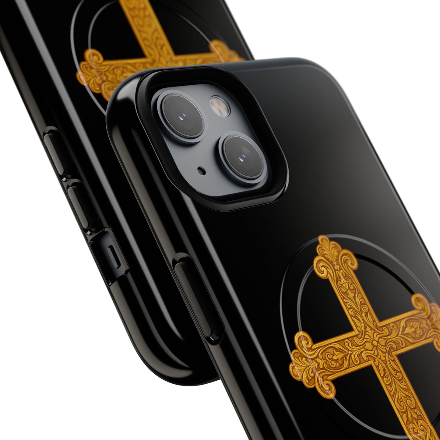 Gold Cross on Black Magnetic Tough Case for iPhone – Strength in Faith