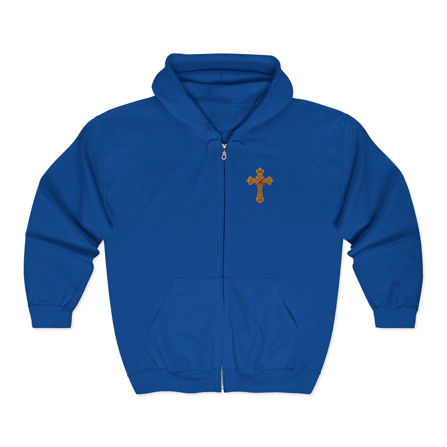Men’s Ornate Gold Cross Zip-Up Hoodie – Spiritual Elegance & Comfort