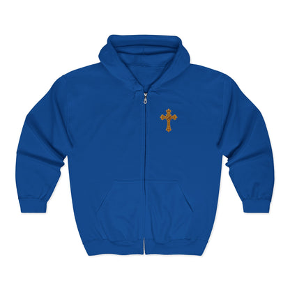 Men’s Ornate Gold Cross Zip-Up Hoodie – Spiritual Elegance & Comfort