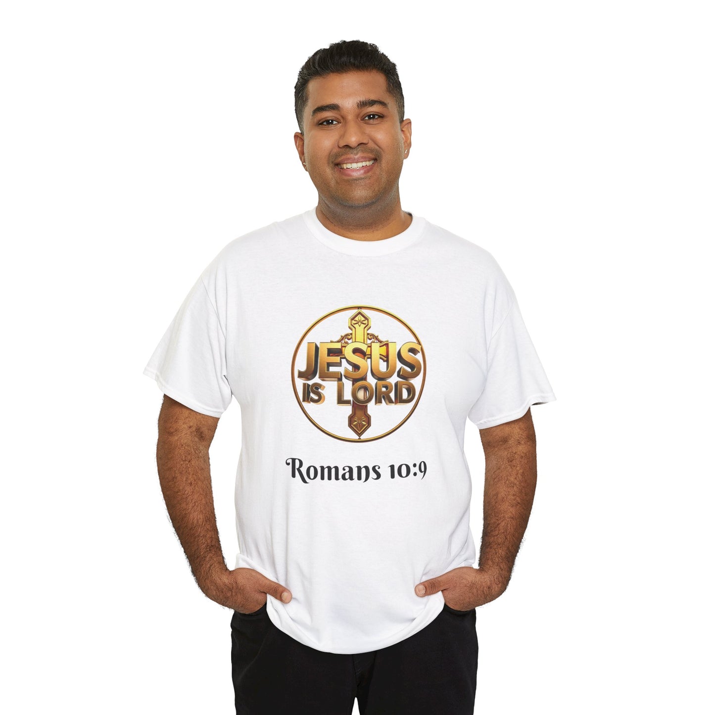 Men’s Romans 10:9 Christian T-Shirt – Jesus Is Lord & He Is Risen (Dark Lettering)