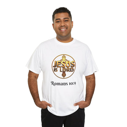 Men’s Romans 10:9 Christian T-Shirt – Jesus Is Lord & He Is Risen (Dark Lettering)