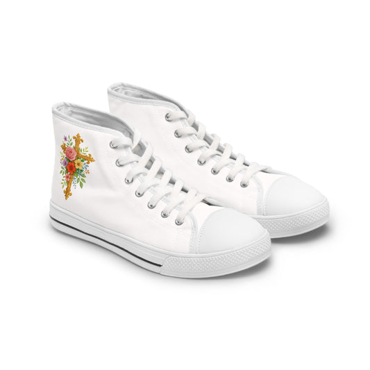 Faith in Bloom – Women’s White High-Top Sneakers with Floral Cross