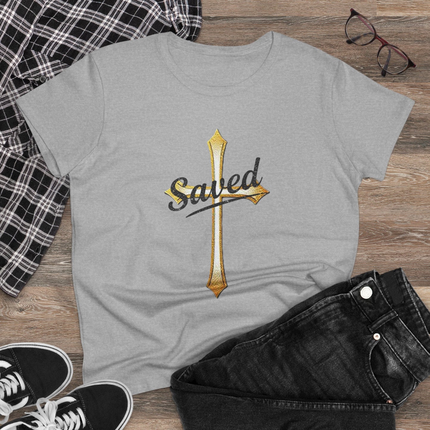 Saved Women’s Tee – Christian Faith Shirt with Cross Design