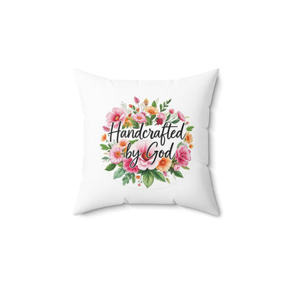Handcrafted by God White Square Pillow – Inspirational Faith Accent