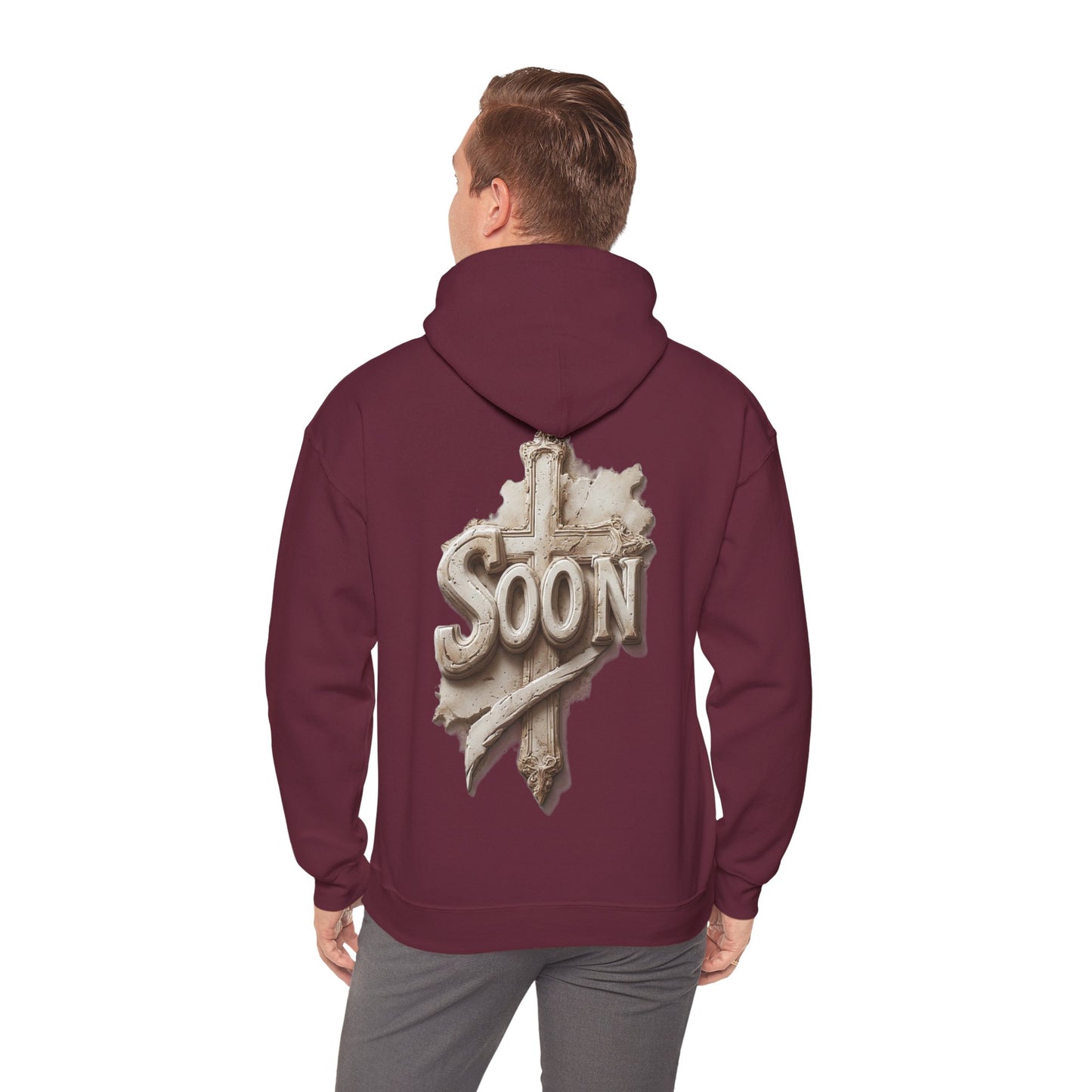 “Soon” Cross Men’s Hoodie – Back Print Faith Statement