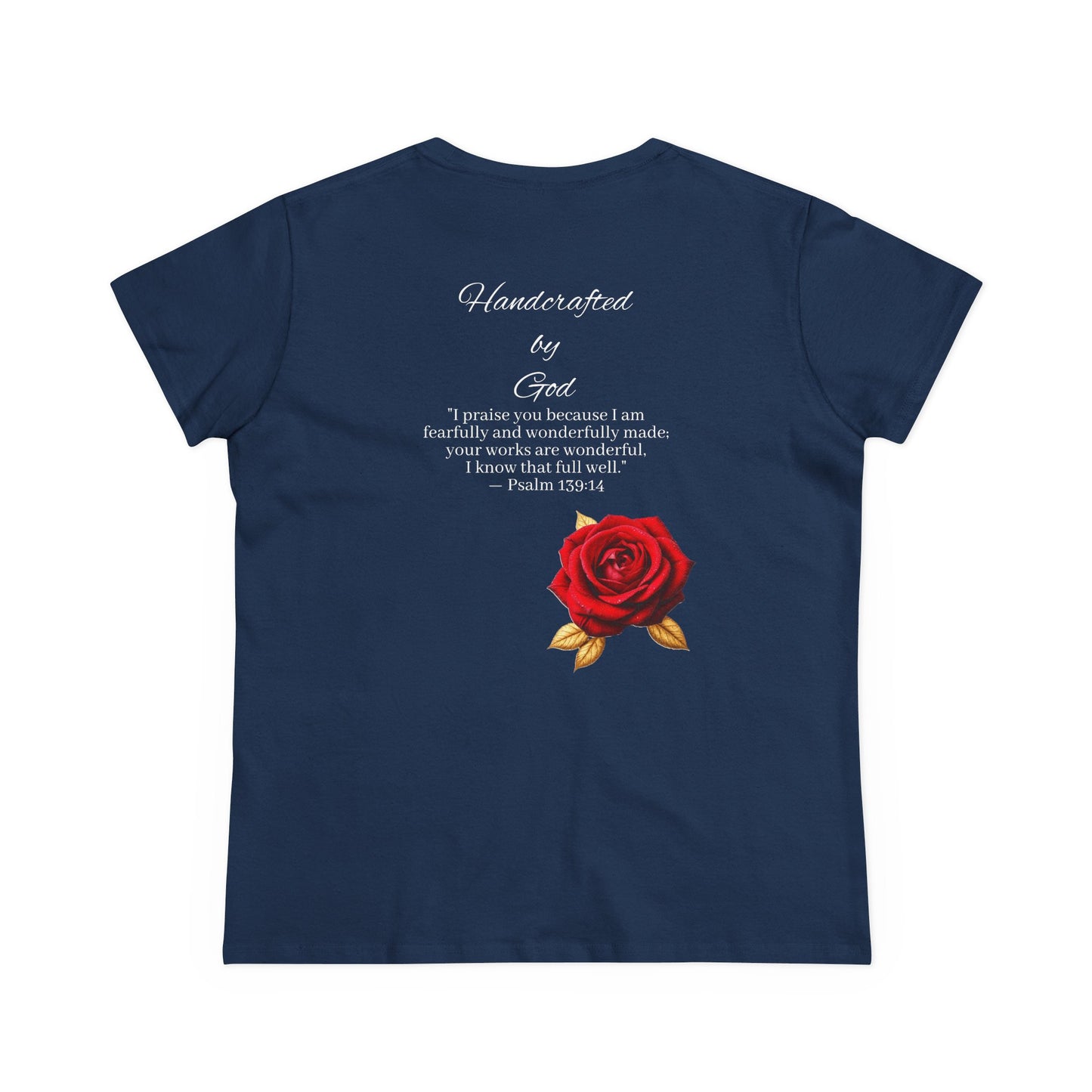 Handcrafted By God Women’s Christian Tee – Rose Design, White Lettering