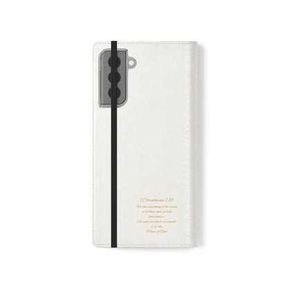 White with Gold Cross & 1 Corinthians 1:18 - Samsung Flip/Wallet Phone Case