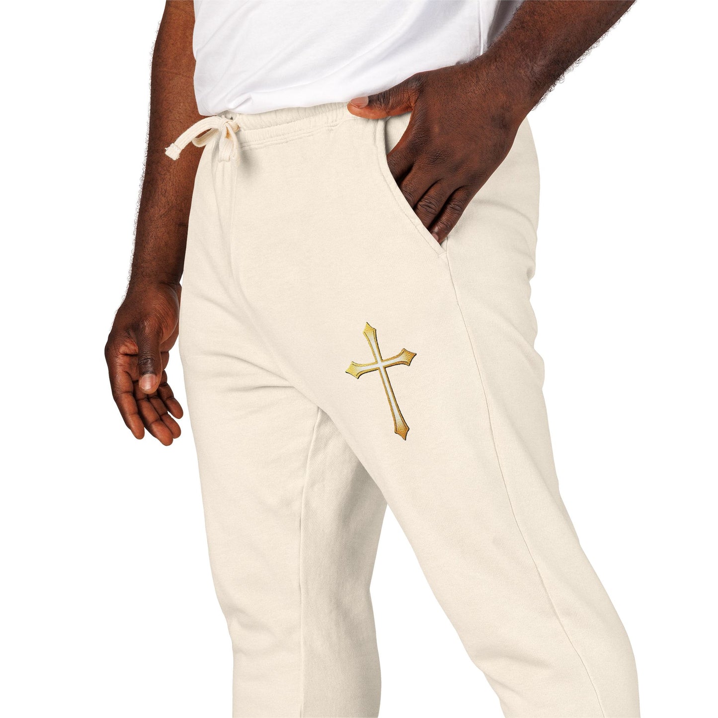 Men’s Modern Gold Cross Fleece Jogger Pants – Comfortable Faith-Inspired Style