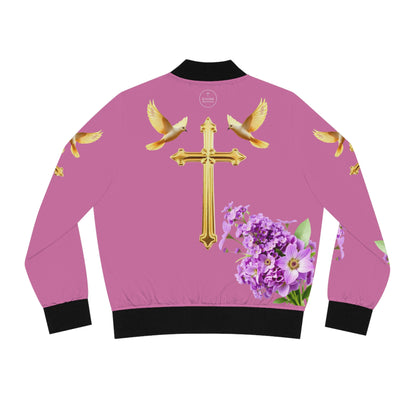 Heavenly Ascent – Gold Cross & Doves Women’s Bomber Jacket in Pink