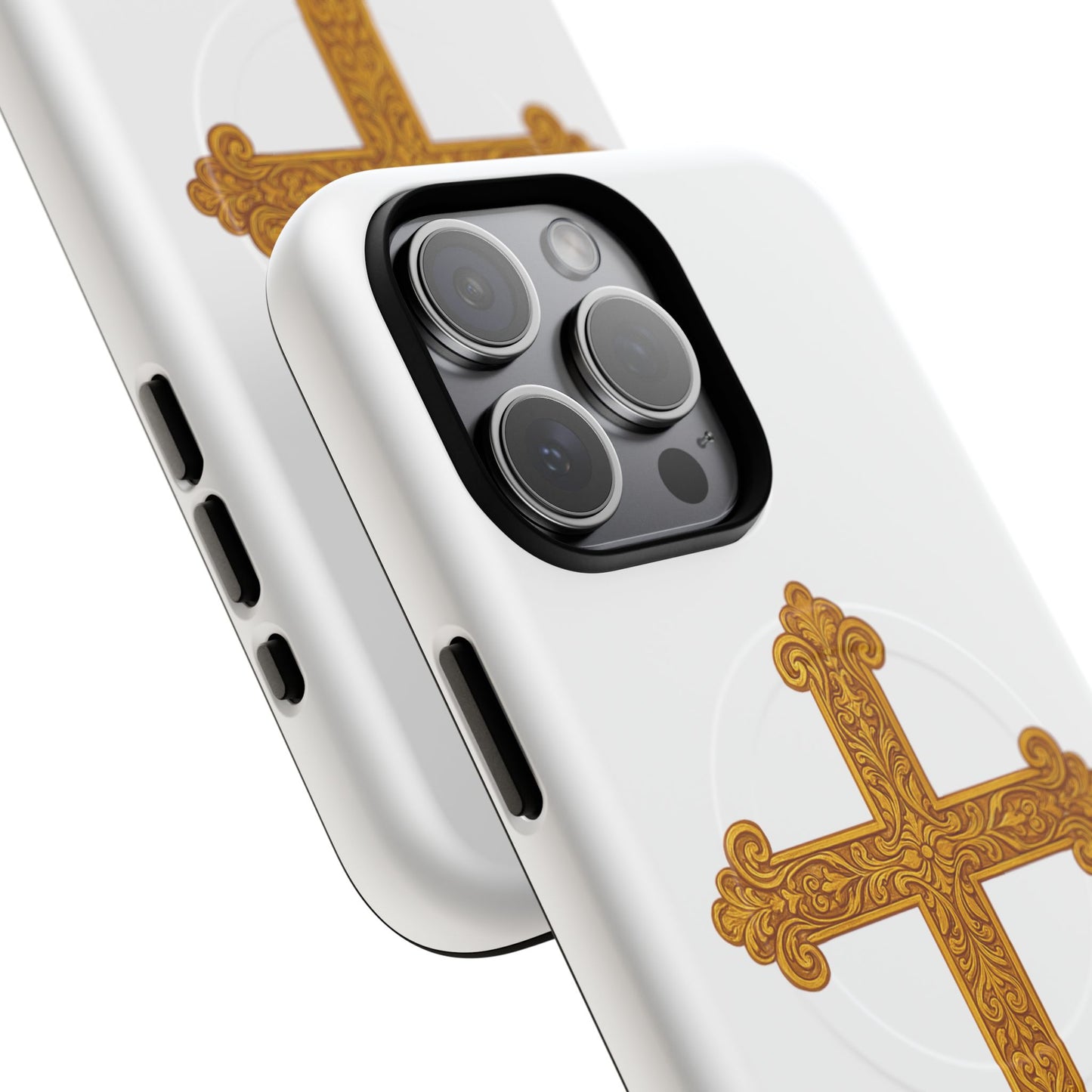 Gold Cross on White Magnetic Tough Case for iPhone – Strength in Faith