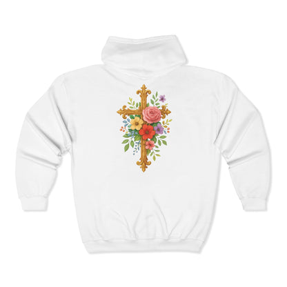 Blooming Faith Women's Zip-Up Hoodie with Floral Cross Design