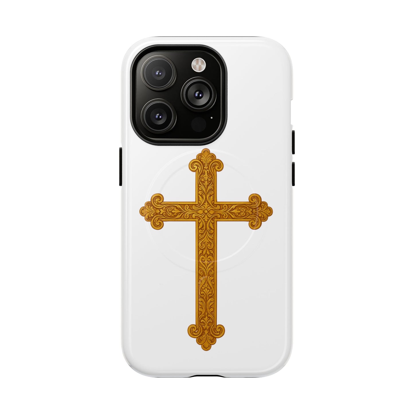 Gold Cross on White Magnetic Tough Case for iPhone – Strength in Faith