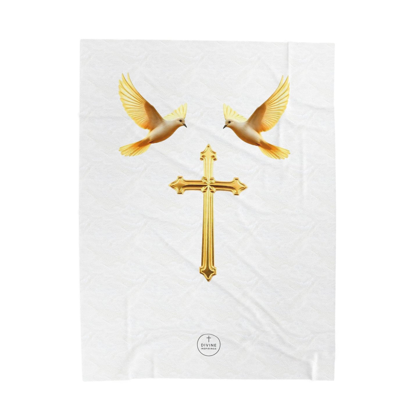 Divine Harmony Plush Blanket – Gold Cross with Doves on White