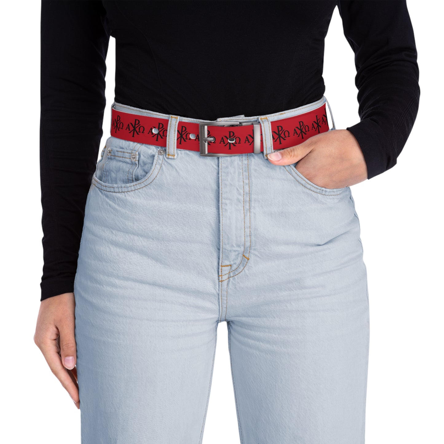 Eternal Order Belt in Red – Black Chi Rho with Alpha & Omega
