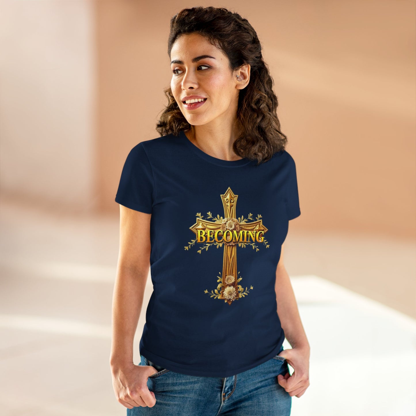 Becoming Women’s Faith Tee – Gold Cross Edition (Light Lettering, 1 Corinthians 15:49)