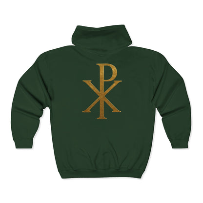 Radiant Faith Women's Zip-Up Hoodie with Gold Chi Rho Design
