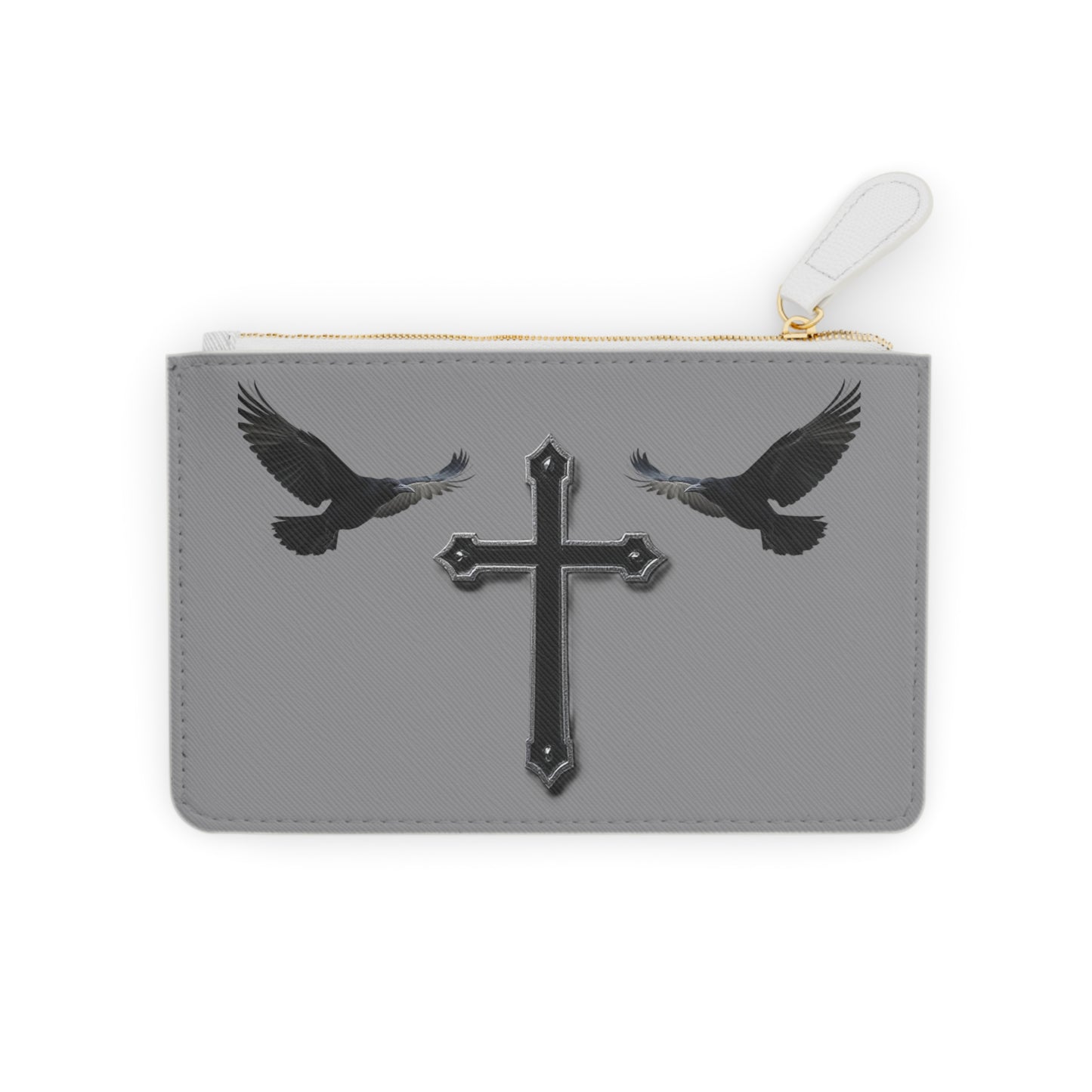 “Shadowed Faith” | Women’s Mini Clutch in Grey – Black Cross with Flanking Crows