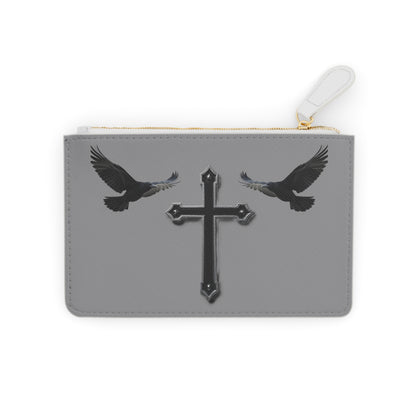 “Shadowed Faith” | Women’s Mini Clutch in Grey – Black Cross with Flanking Crows
