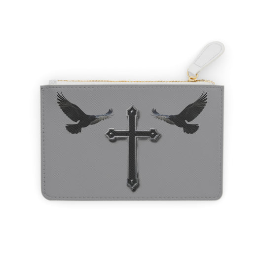 “Shadowed Faith” | Women’s Mini Clutch in Grey – Black Cross with Flanking Crows