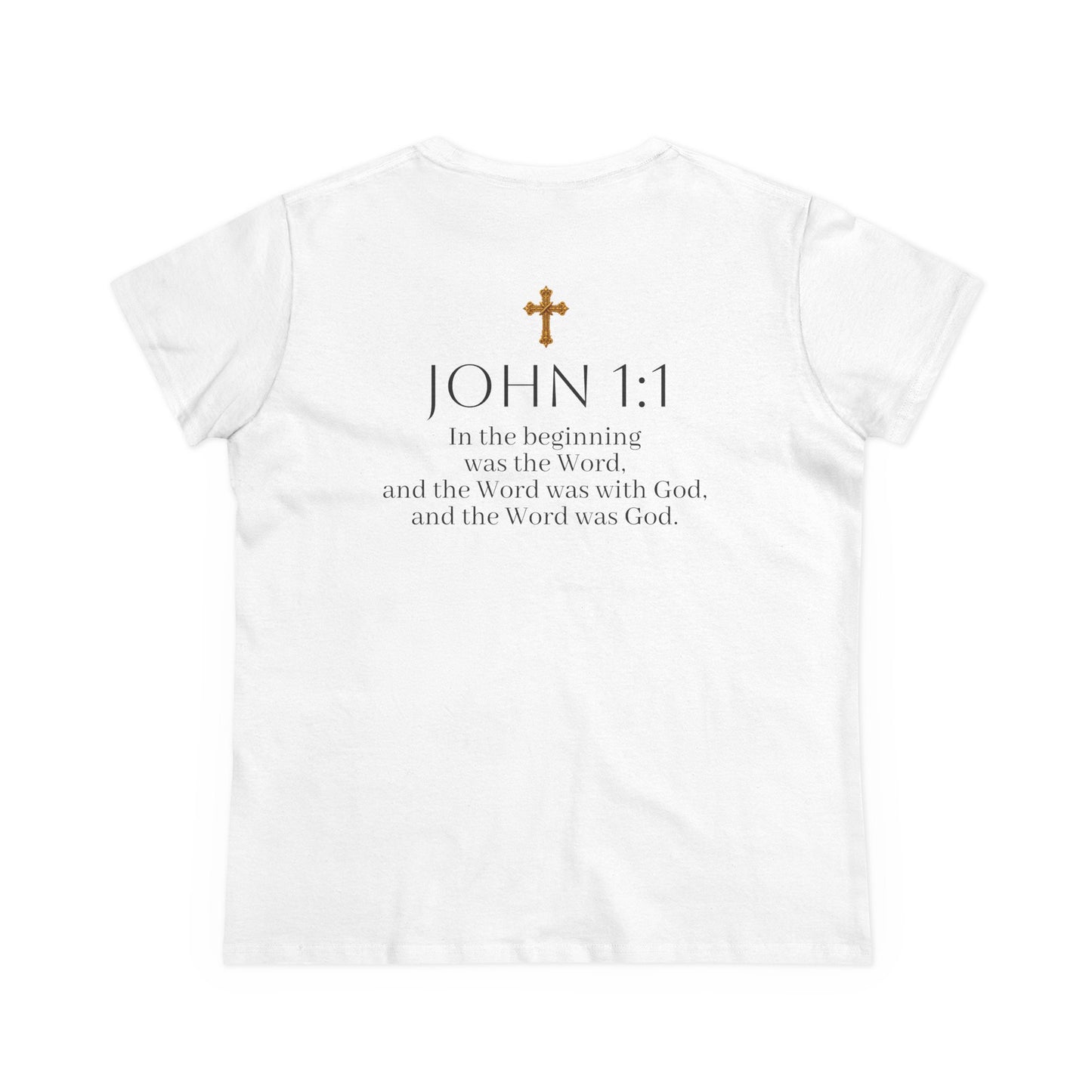 “The Word Eternal” – Women’s Christian Tee with Bold Dark Lettering (John 1:1)