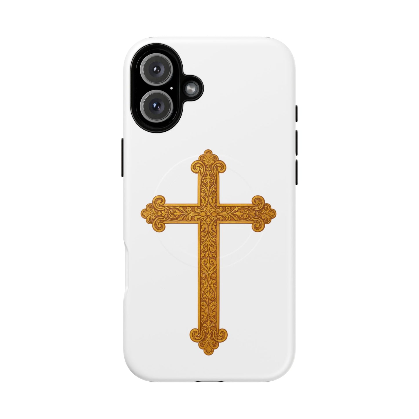Gold Cross on White Magnetic Tough Case for iPhone – Strength in Faith