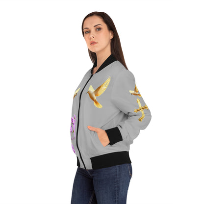 Heavenly Ascent – Gold Cross & Doves Women’s Bomber Jacket in Grey