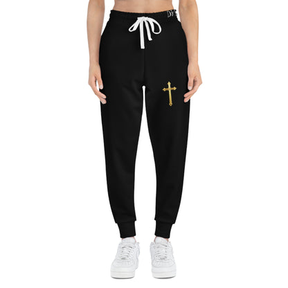 Golden Grace Women's Jogging Pants in Black with Gold Cross Design