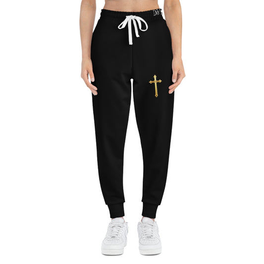 Golden Grace Women's Jogging Pants in Black with Gold Cross Design