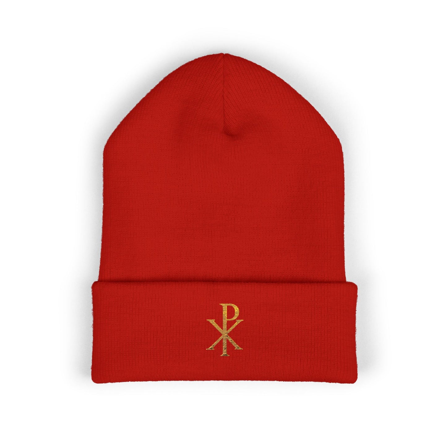 Radiant Faith Cuffed Beanie – Gold Chi Rho Embroidery