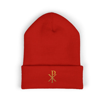 Radiant Faith Cuffed Beanie – Gold Chi Rho Embroidery