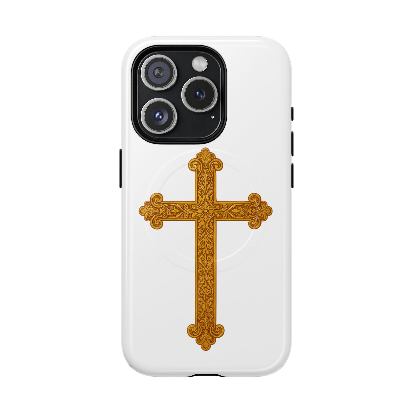 Gold Cross on White Magnetic Tough Case for iPhone – Strength in Faith