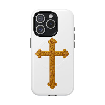 Gold Cross on White Magnetic Tough Case for iPhone – Strength in Faith