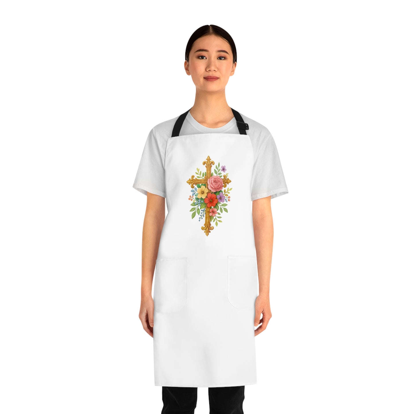 Floral Cross Christian Kitchen Apron – Faith & Beauty in Every Meal