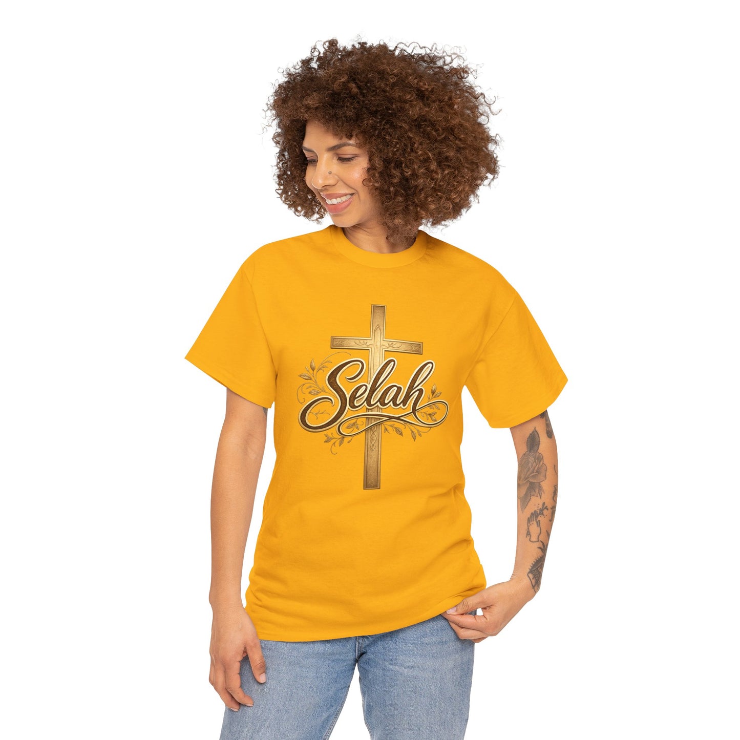 Selah Cross Tee — Women's Christian T‑Shirt with Gold Script
