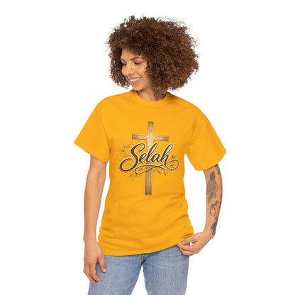 Selah Cross Tee — Women's Christian T‑Shirt with Gold Script