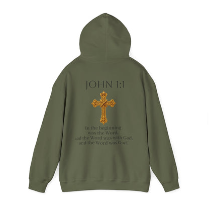 “The Word Eternal” – Men’s Christian Hoodie with Bold Dark Lettering (John 1:1)