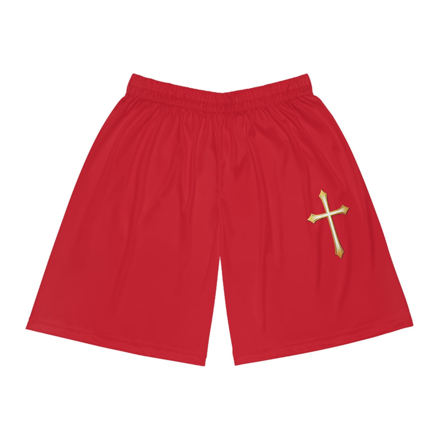 Men’s Modern Gold Cross Basketball Shorts in Red – Sleek Faith-Inspired Design
