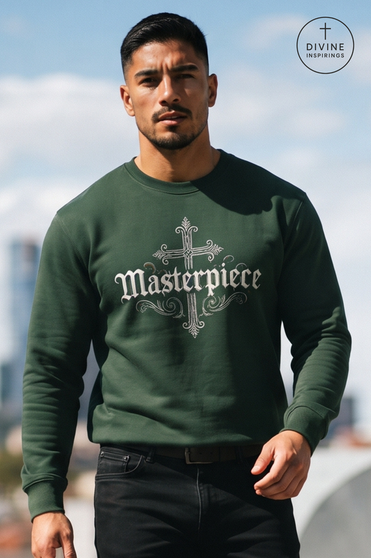 A man wearing a dark green crewneck sweatshirt with a white gothic-style cross and the word 'Masterpiece' printed on the chest, set against an outdoor background with a cloudy sky.