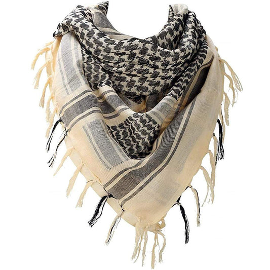 Leopard print and beige scarf with fringes on a white background