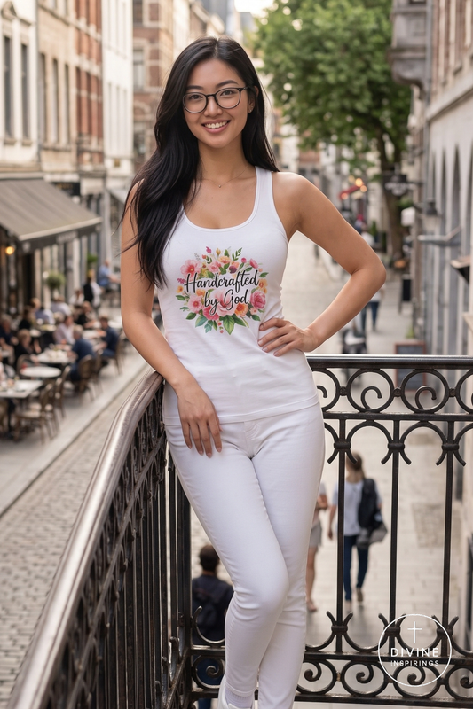 A woman wearing a white sleeveless tank top with a colorful floral graphic and the words 'Handcrafted to God' paired with white pants, posing on an outdoor balcony overlooking a city street.