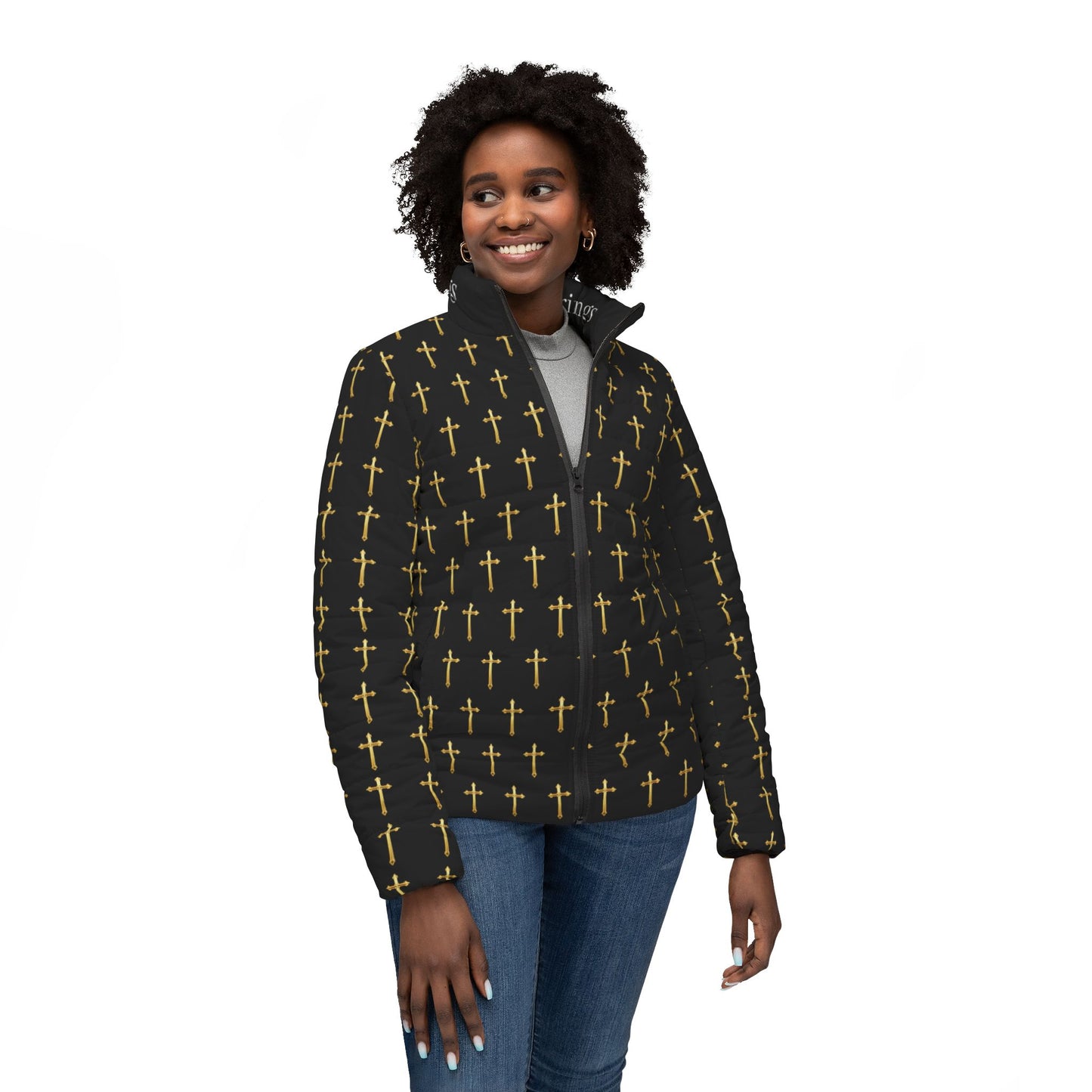 Golden Light Women’s Puffer Jacket in Black – All-Over Cross Pattern