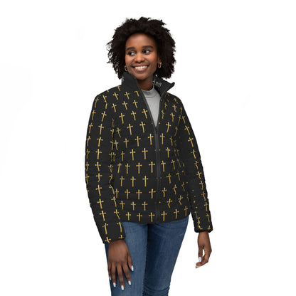 Golden Light Women’s Puffer Jacket in Black – All-Over Cross Pattern