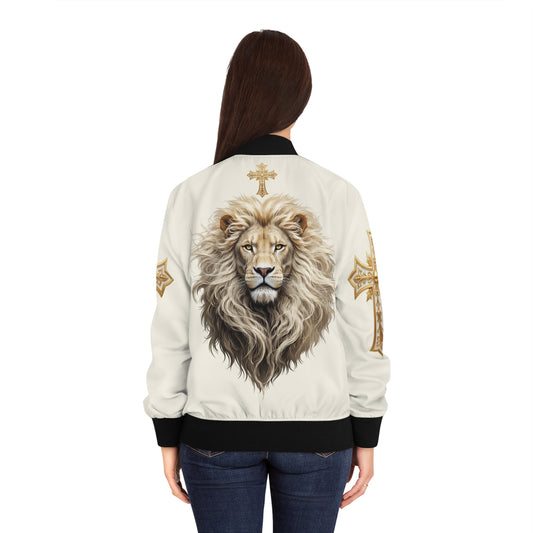 Christ is King (Lion of Judah) - Women's Christian Bomber Jacket (Cream)