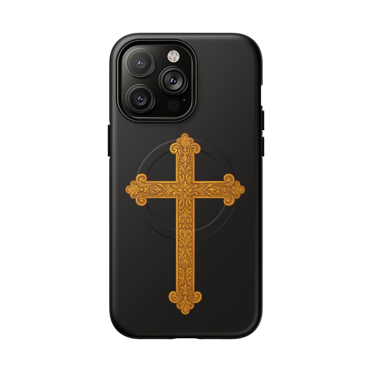 Gold Cross on Black Magnetic Tough Case for iPhone – Strength in Faith