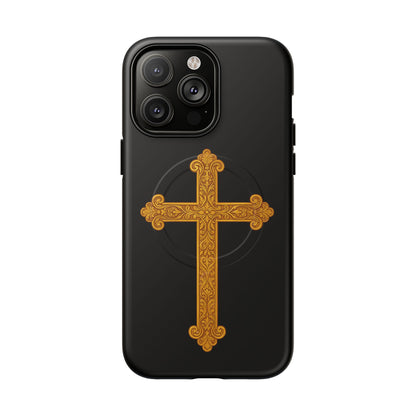 Gold Cross on Black Magnetic Tough Case for iPhone – Strength in Faith